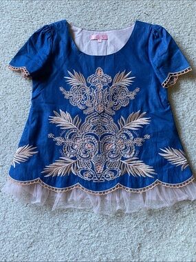 Very pretty blue and pink embroidered top with tulle trim, size S